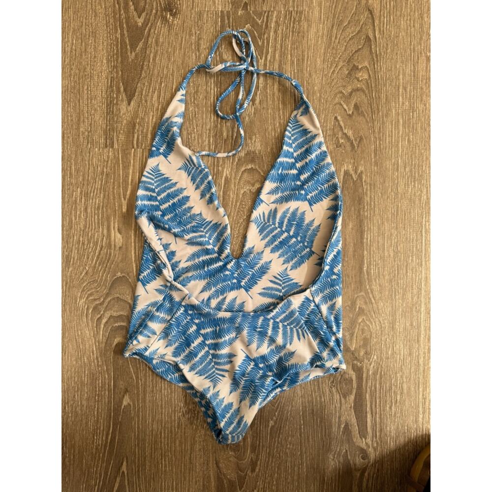 Mikoh Hinano One Piece Swimsuit XS Blue Fern Hawaii Deep Plunge - Picture 2 of 4